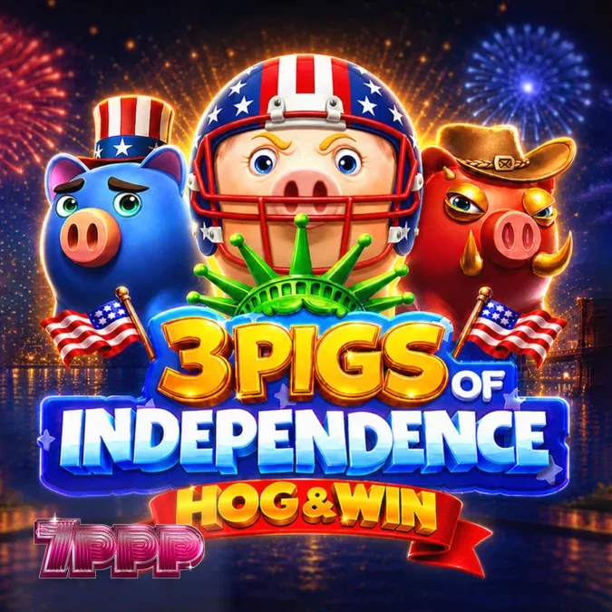 Interface do jogo de slot 3 Pigs of Independence Hog & Win com tema patriótico